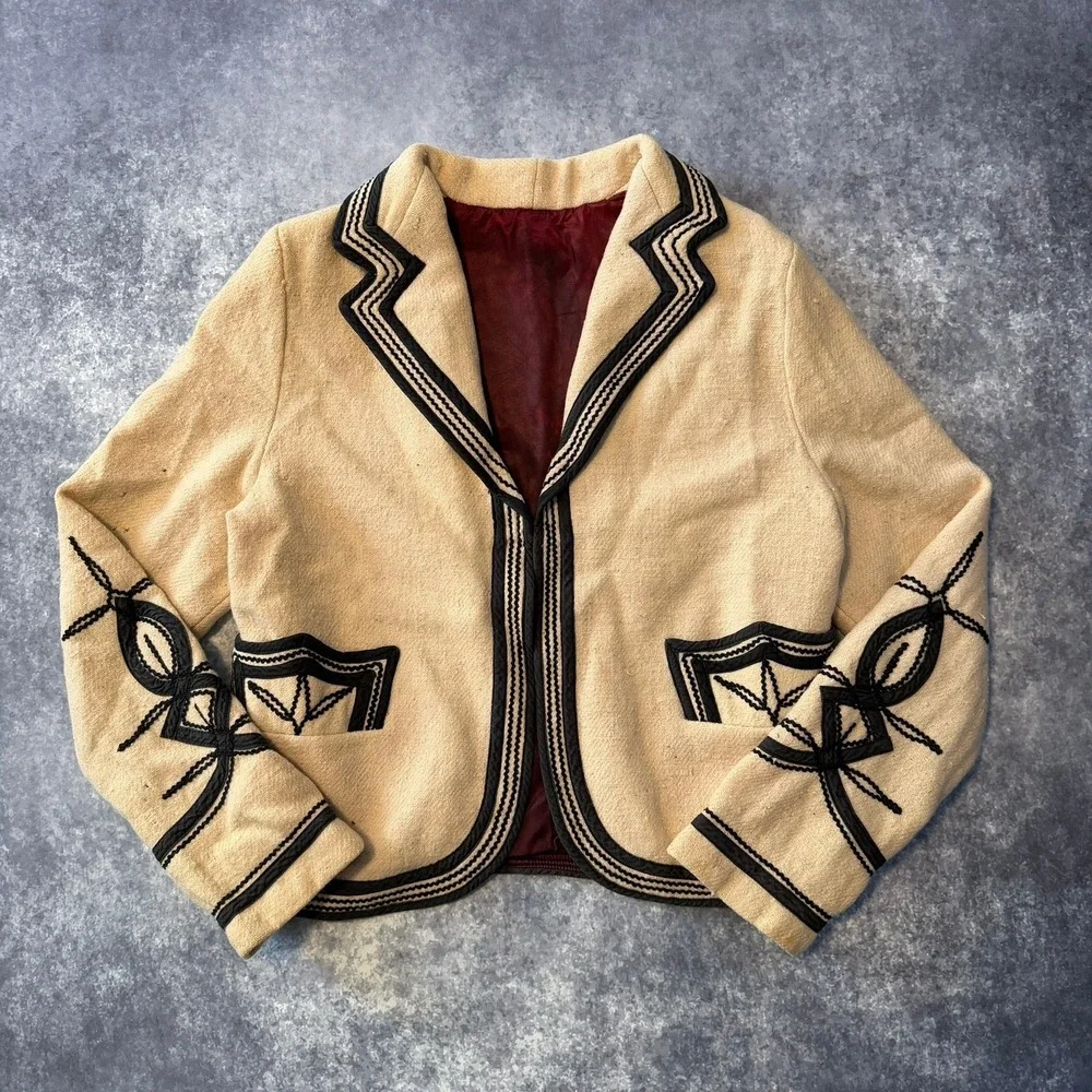 Vintage Soutache Embroidered Wool Jacket Beige Black Western Boho Cropped Blazer - Picture 1 of 9